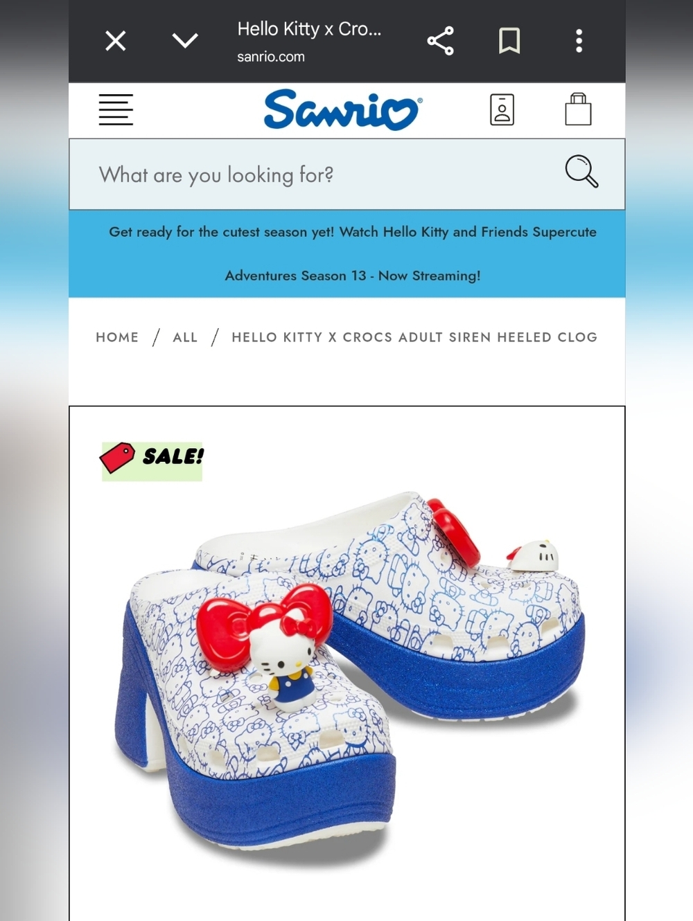 CROCS White & Blue Hello Kitty Platform Slip-On Clogs with Four Charms US W11/M9